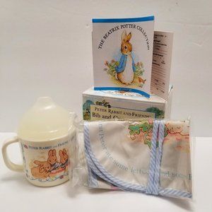 1993 Beatrix Potter Peter Rabbit Sippy Cup and Bib set Brand New Never Used